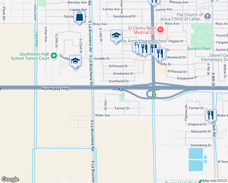 map of restaurants, bars, coffee shops, grocery stores, and more near 1846 Barbara Way in El Centro