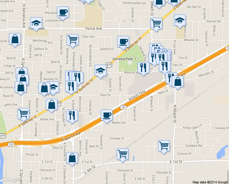 map of restaurants, bars, coffee shops, grocery stores, and more near 3605 Race Street in Fort Worth