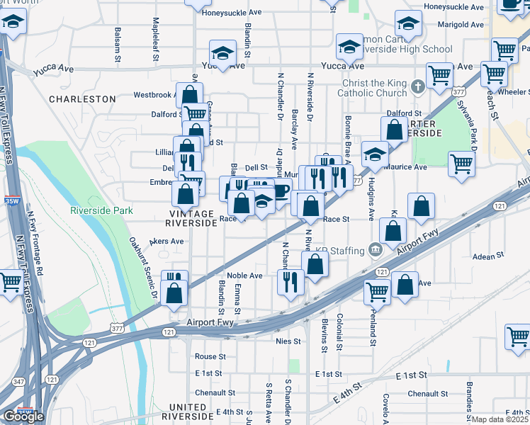 map of restaurants, bars, coffee shops, grocery stores, and more near 2905 Race Street in Fort Worth