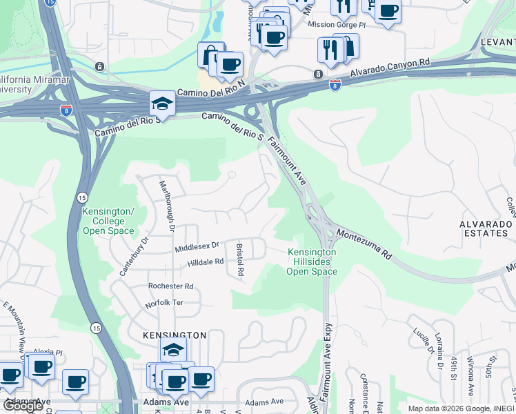map of restaurants, bars, coffee shops, grocery stores, and more near 4343 Caminito De La Escena in San Diego