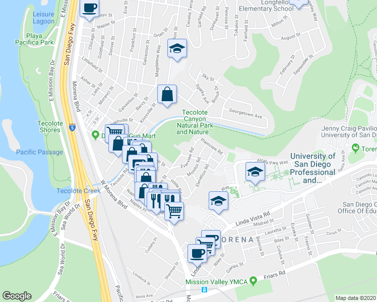 map of restaurants, bars, coffee shops, grocery stores, and more near 1518 Everview Road in San Diego