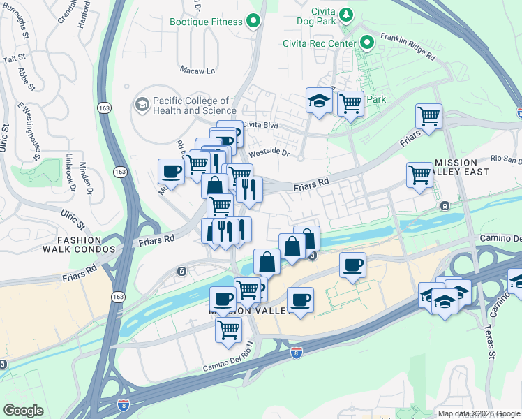 map of restaurants, bars, coffee shops, grocery stores, and more near 7930 Mission Center Court in San Diego