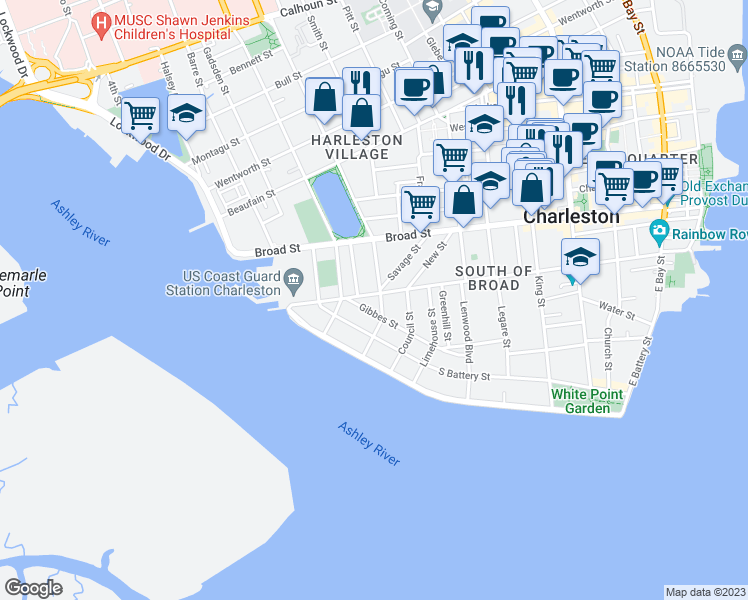map of restaurants, bars, coffee shops, grocery stores, and more near 175 Tradd Street in Charleston