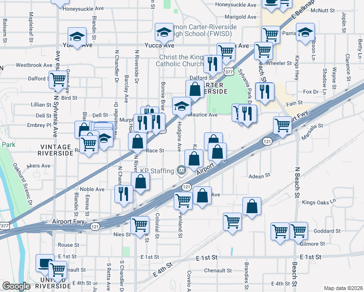 map of restaurants, bars, coffee shops, grocery stores, and more near 700 Hudgins Avenue in Fort Worth