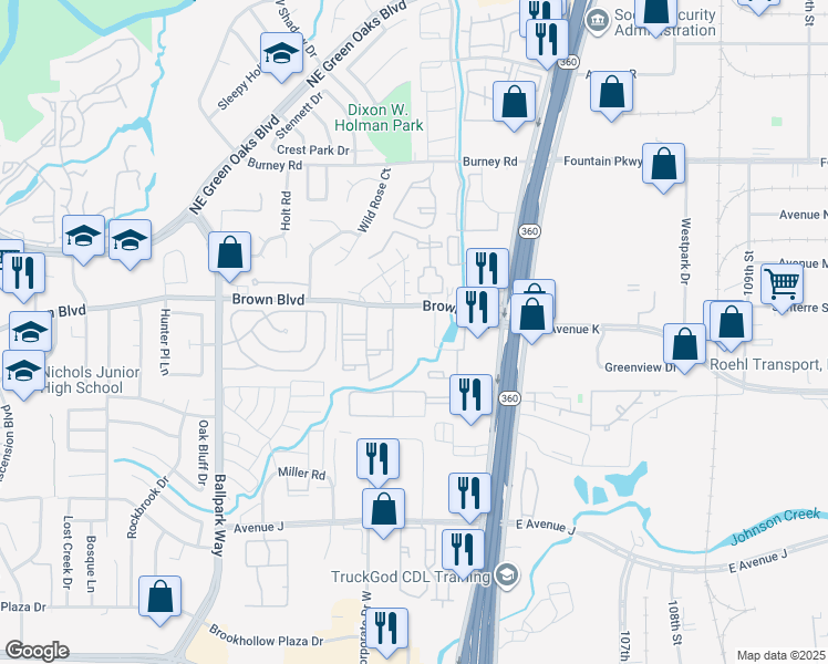 map of restaurants, bars, coffee shops, grocery stores, and more near 2412 Forest Oaks Lane in Arlington