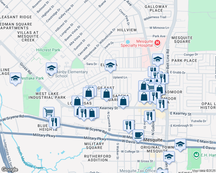 map of restaurants, bars, coffee shops, grocery stores, and more near 748 Versailles Street in Mesquite
