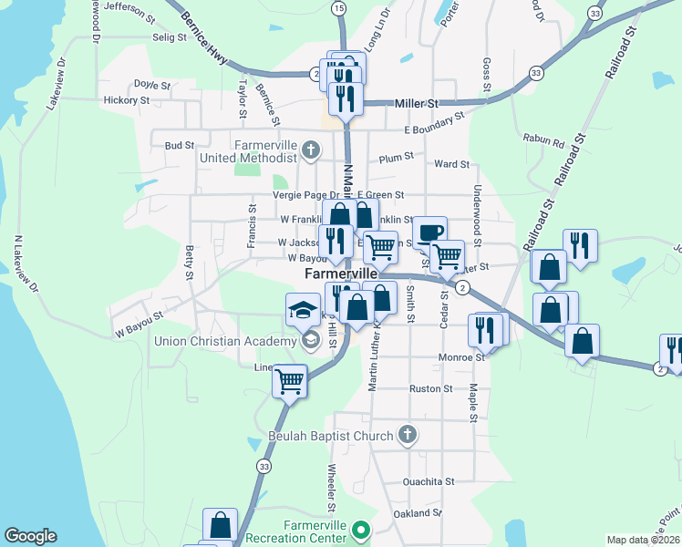 map of restaurants, bars, coffee shops, grocery stores, and more near in Farmerville