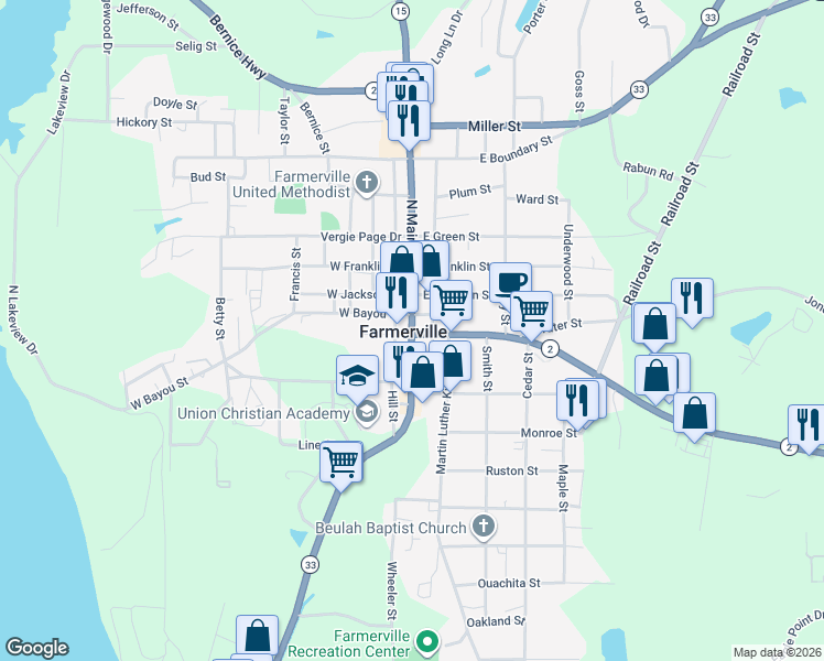 map of restaurants, bars, coffee shops, grocery stores, and more near in Farmerville