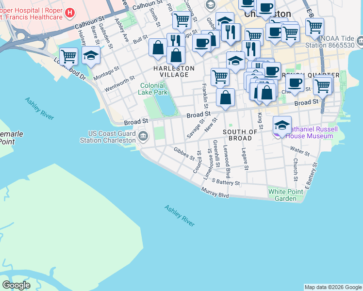 map of restaurants, bars, coffee shops, grocery stores, and more near 175 Tradd Street in Charleston