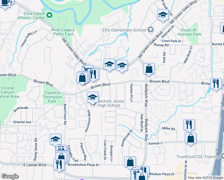 map of restaurants, bars, coffee shops, grocery stores, and more near 2303 Honey Creek Lane in Arlington