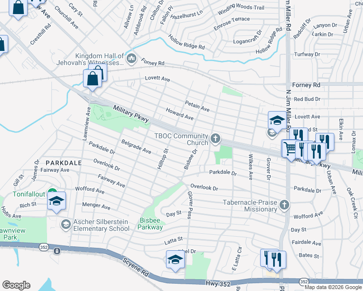 map of restaurants, bars, coffee shops, grocery stores, and more near 6323 Power Drive in Dallas