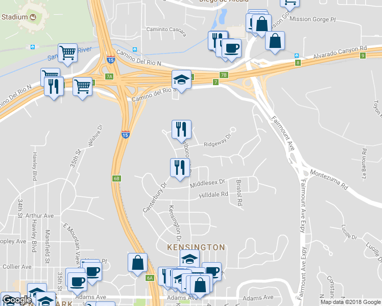 map of restaurants, bars, coffee shops, grocery stores, and more near 5273 Marlborough Drive in San Diego