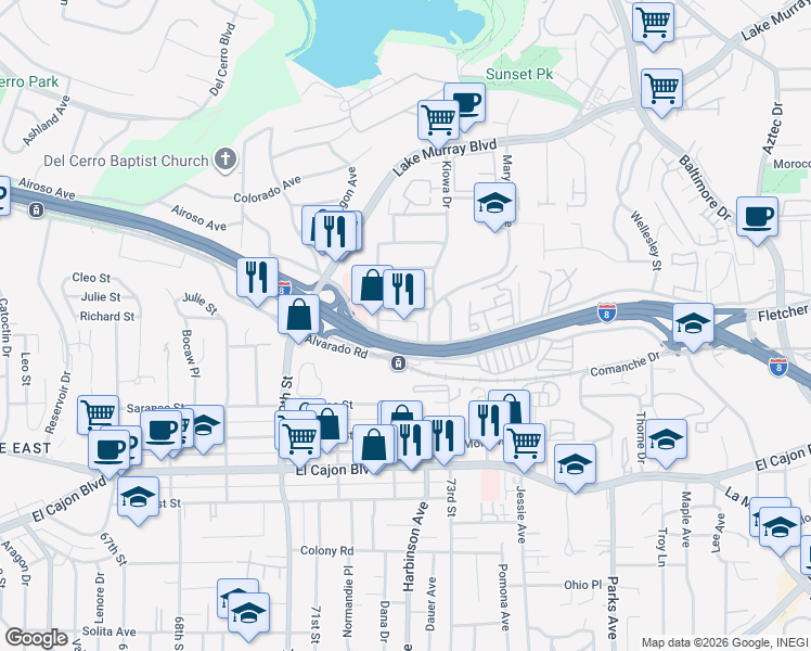 map of restaurants, bars, coffee shops, grocery stores, and more near 7200 Parkway Drive in La Mesa