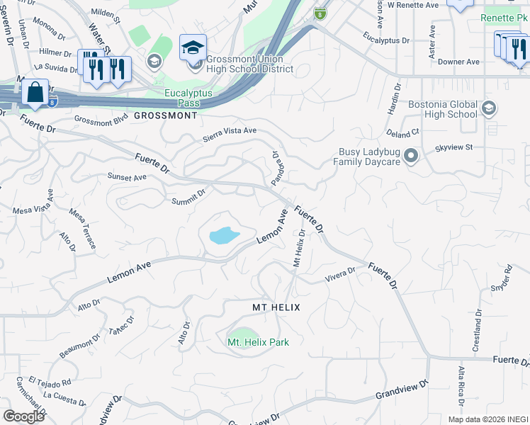 map of restaurants, bars, coffee shops, grocery stores, and more near 10035 Ward Lane in La Mesa