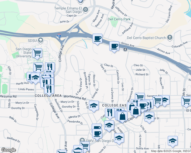 map of restaurants, bars, coffee shops, grocery stores, and more near 5235 Rincon Street in San Diego