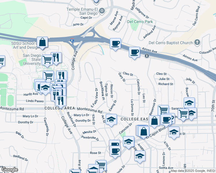 map of restaurants, bars, coffee shops, grocery stores, and more near 5230 Tipton Street in San Diego