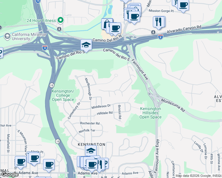 map of restaurants, bars, coffee shops, grocery stores, and more near 4262 Caminito Pintoresco in San Diego