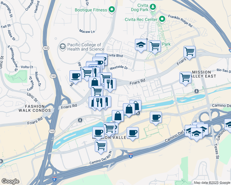 map of restaurants, bars, coffee shops, grocery stores, and more near 7930 Mission Center Court in San Diego