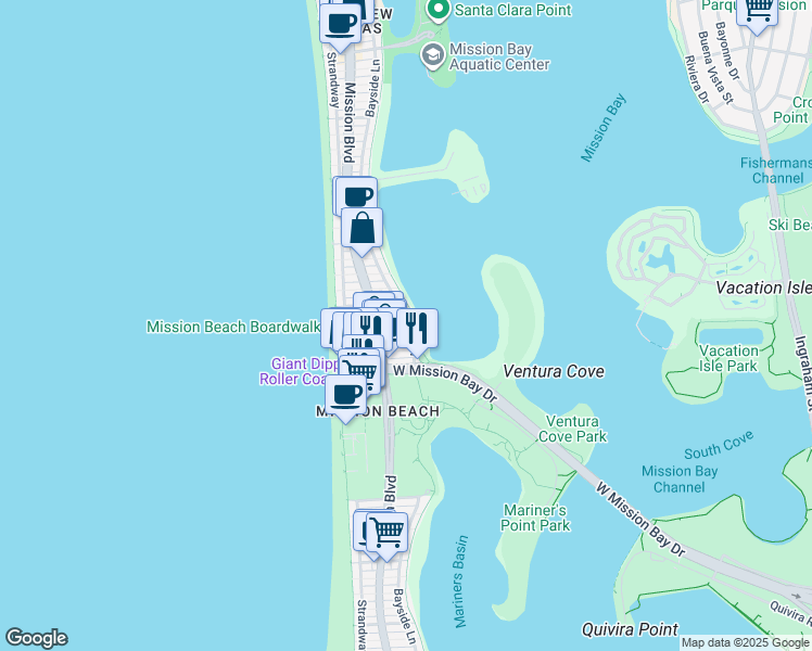 map of restaurants, bars, coffee shops, grocery stores, and more near 844 Isthmus Court in San Diego