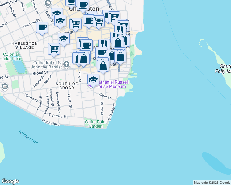 map of restaurants, bars, coffee shops, grocery stores, and more near 45 East Bay Street in Charleston