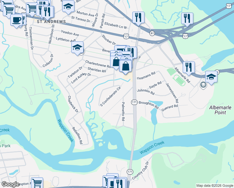 map of restaurants, bars, coffee shops, grocery stores, and more near 12 Formosa Drive in Charleston