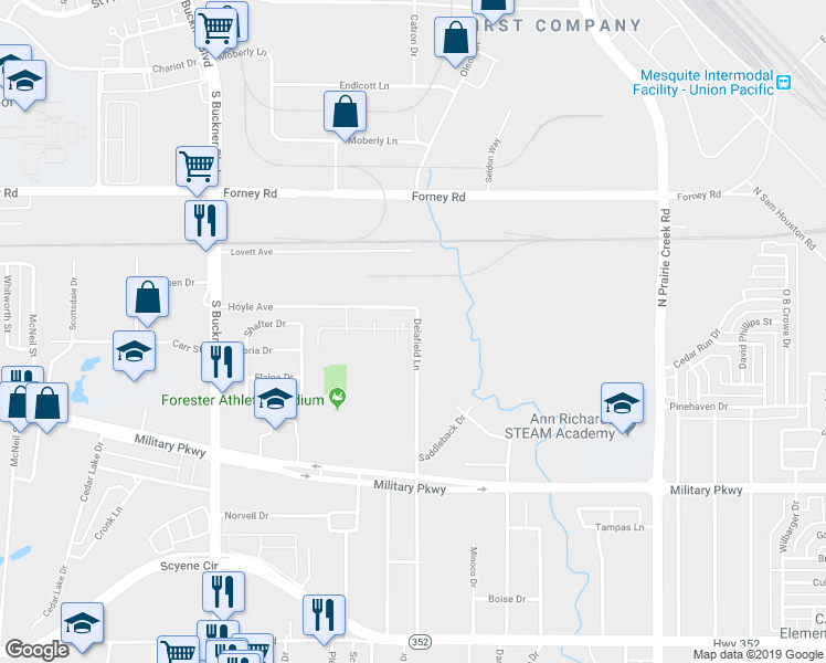 map of restaurants, bars, coffee shops, grocery stores, and more near 4101 Delafield Lane in Dallas