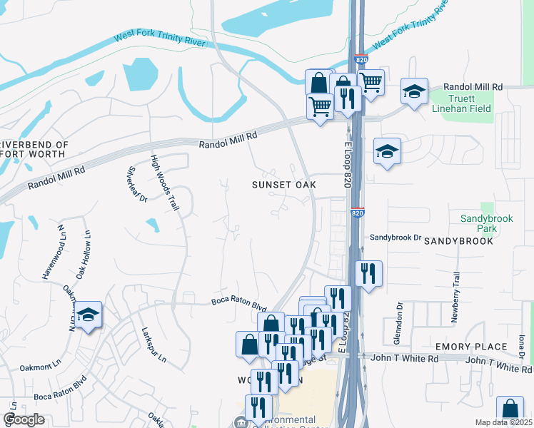 map of restaurants, bars, coffee shops, grocery stores, and more near 432 Sunset Oak Drive in Fort Worth