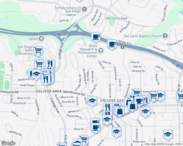 map of restaurants, bars, coffee shops, grocery stores, and more near 5235 Rincon Street in San Diego