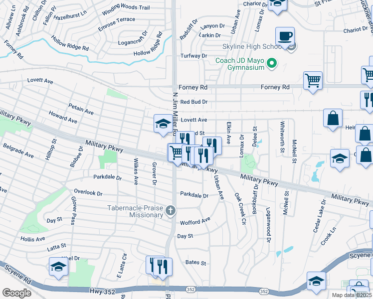 map of restaurants, bars, coffee shops, grocery stores, and more near 7024 Benning Avenue in Dallas
