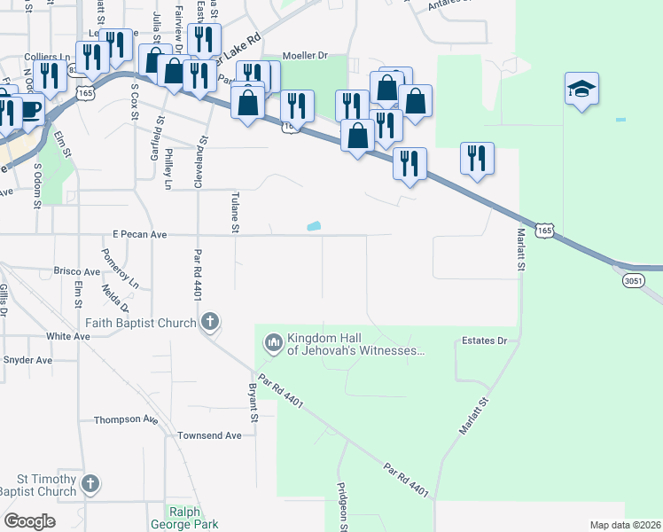map of restaurants, bars, coffee shops, grocery stores, and more near 601 Hollyhurst Drive in Bastrop