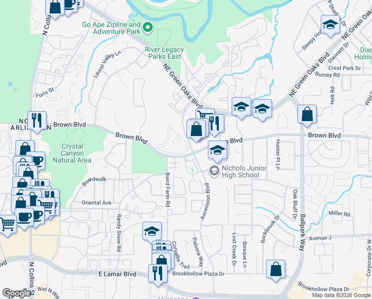 map of restaurants, bars, coffee shops, grocery stores, and more near 2402 Ascension Boulevard in Arlington