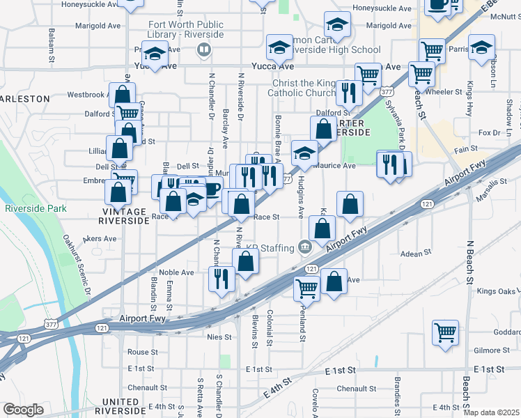 map of restaurants, bars, coffee shops, grocery stores, and more near 3218 East Belknap Street in Fort Worth