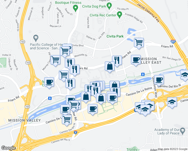 map of restaurants, bars, coffee shops, grocery stores, and more near 7974 Mission Center Court in San Diego
