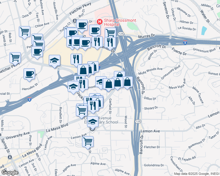 map of restaurants, bars, coffee shops, grocery stores, and more near 8867 Grossmont Boulevard in La Mesa