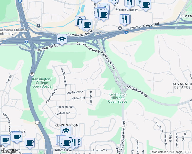 map of restaurants, bars, coffee shops, grocery stores, and more near 4336 Caminito De La Escena in San Diego