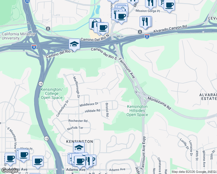 map of restaurants, bars, coffee shops, grocery stores, and more near 4309 Caminito Pintoresco in San Diego