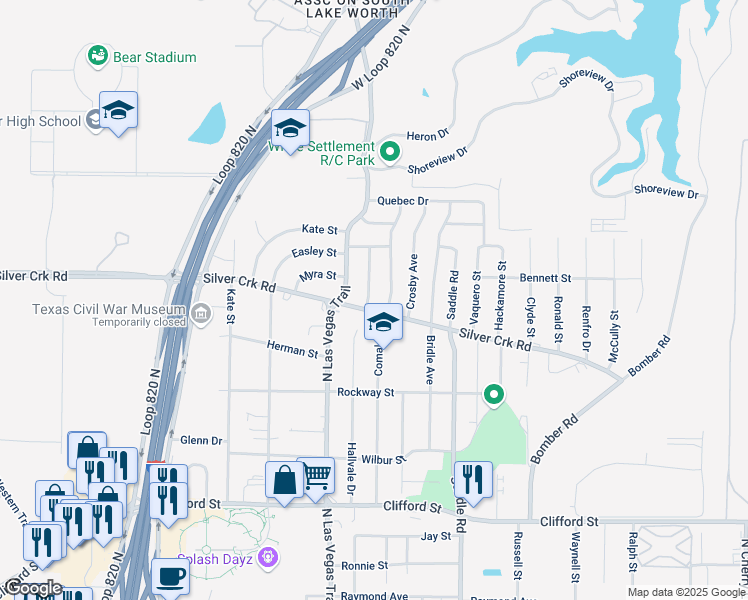 map of restaurants, bars, coffee shops, grocery stores, and more near 804 Hallvale Drive in Fort Worth
