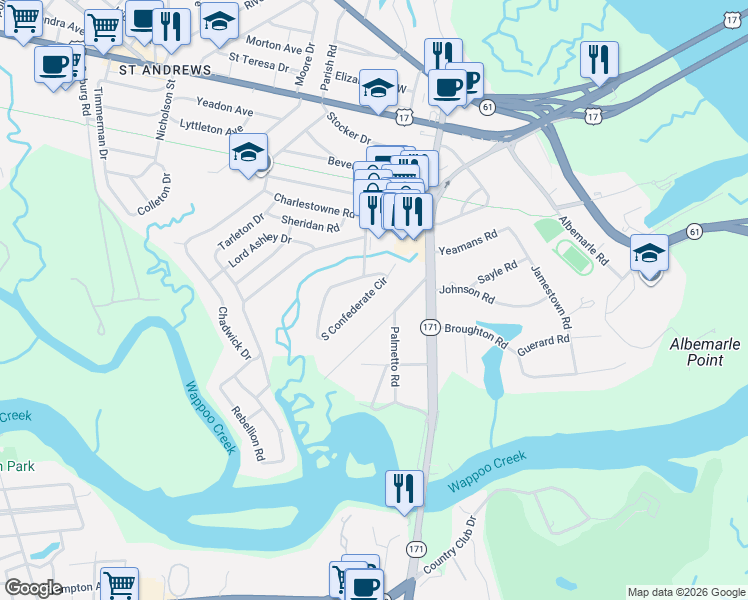 map of restaurants, bars, coffee shops, grocery stores, and more near 12 Formosa Drive in Charleston