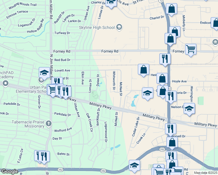 map of restaurants, bars, coffee shops, grocery stores, and more near 4114 Tolbert Street in Dallas