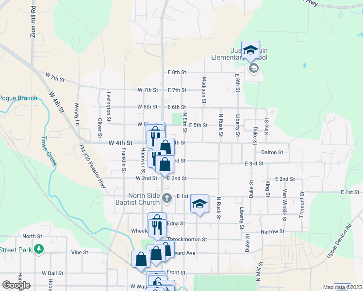 map of restaurants, bars, coffee shops, grocery stores, and more near 1215 North Elm Street in Weatherford