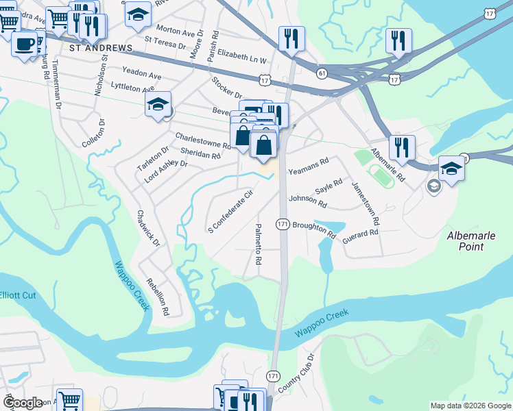 map of restaurants, bars, coffee shops, grocery stores, and more near 12 Formosa Drive in Charleston