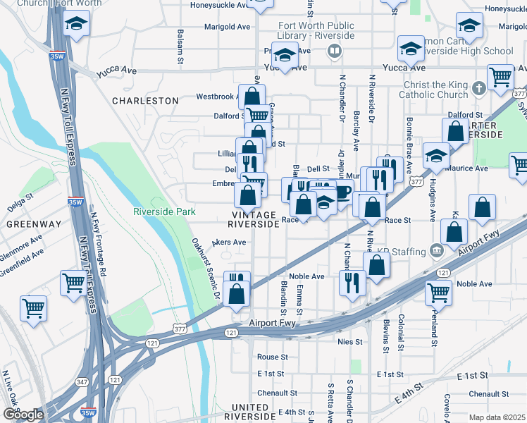 map of restaurants, bars, coffee shops, grocery stores, and more near 710 North Sylvania Avenue in Fort Worth