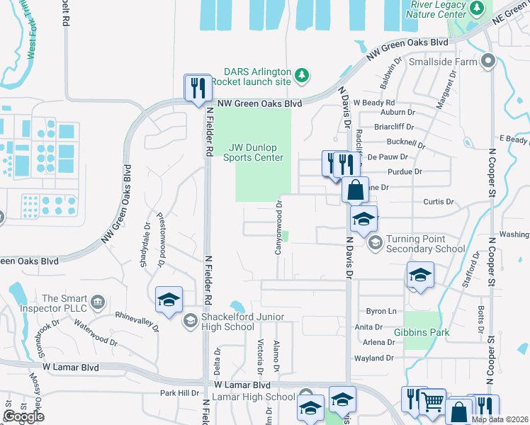 map of restaurants, bars, coffee shops, grocery stores, and more near 1504 Riviera Court in Arlington