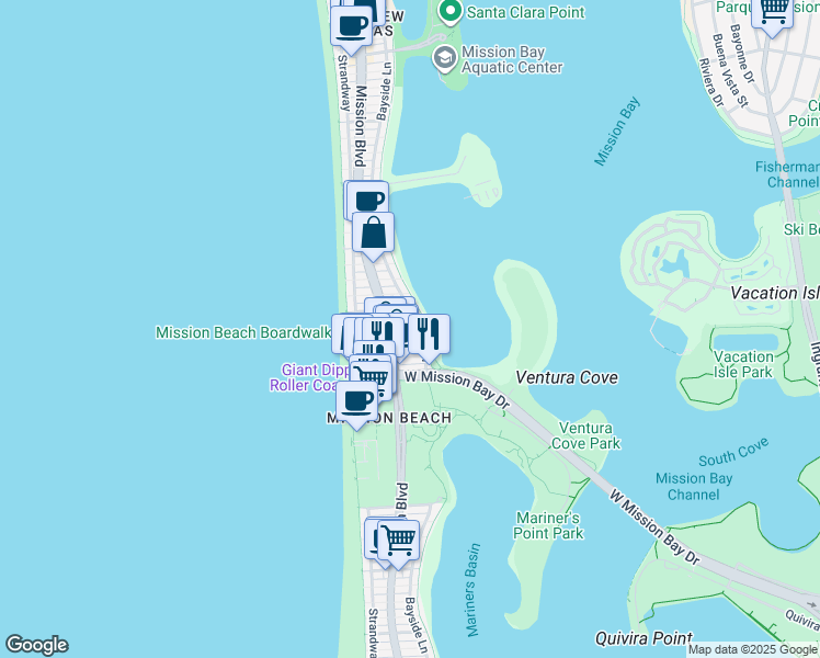 map of restaurants, bars, coffee shops, grocery stores, and more near 835 Jamaica Court in San Diego