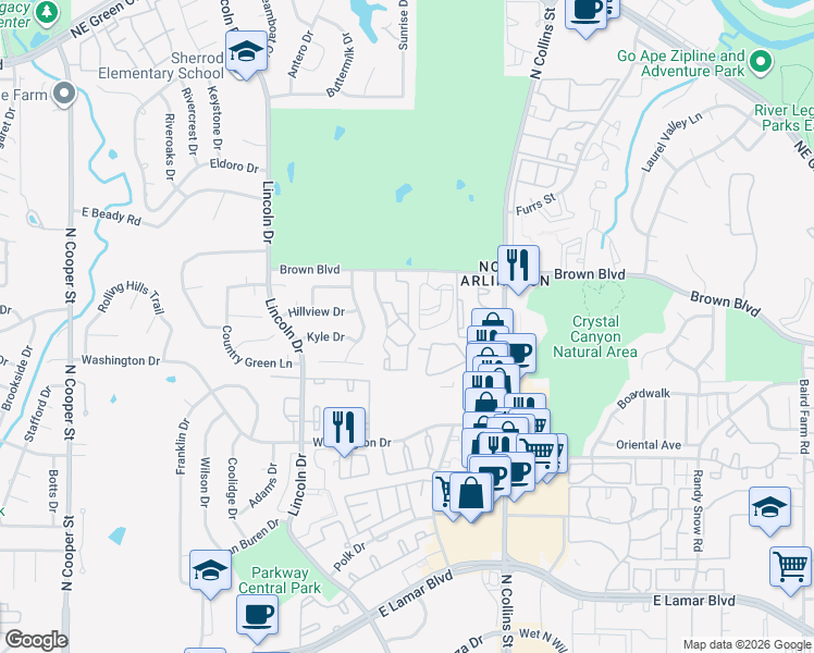 map of restaurants, bars, coffee shops, grocery stores, and more near 2300 Brown Oaks Drive in Arlington