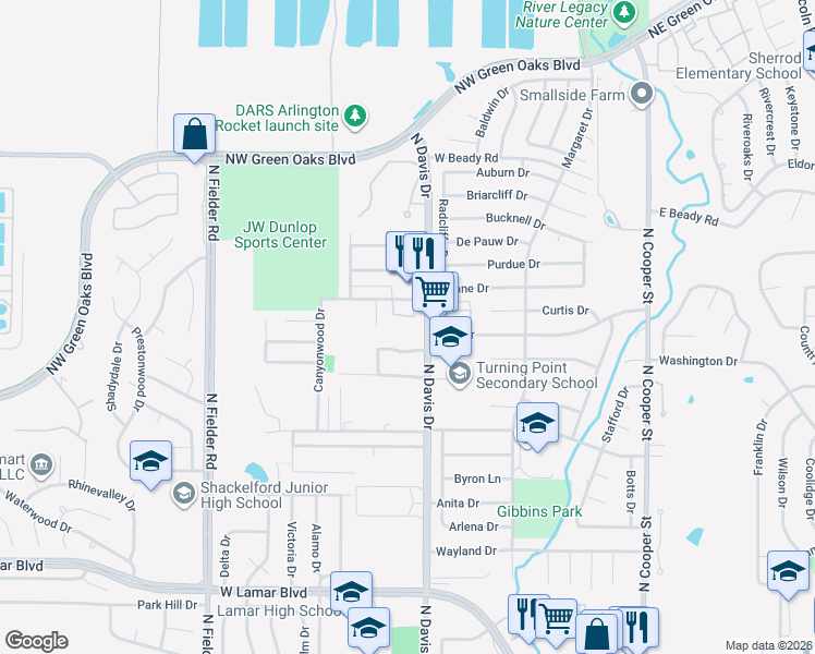 map of restaurants, bars, coffee shops, grocery stores, and more near 2400 North Davis Drive in Arlington