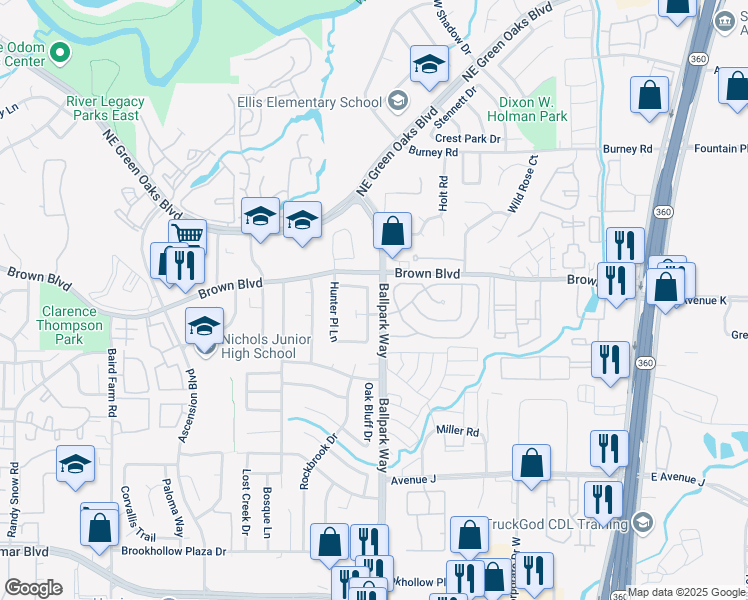 map of restaurants, bars, coffee shops, grocery stores, and more near 2219 Templeton Drive in Arlington