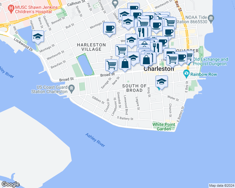 map of restaurants, bars, coffee shops, grocery stores, and more near 1 Greenhill Street in Charleston