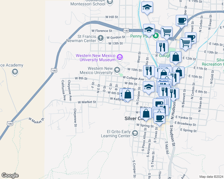 map of restaurants, bars, coffee shops, grocery stores, and more near 608 C Street in Silver City