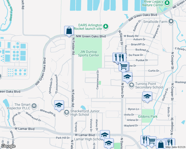 map of restaurants, bars, coffee shops, grocery stores, and more near 1504 Riviera Court in Arlington